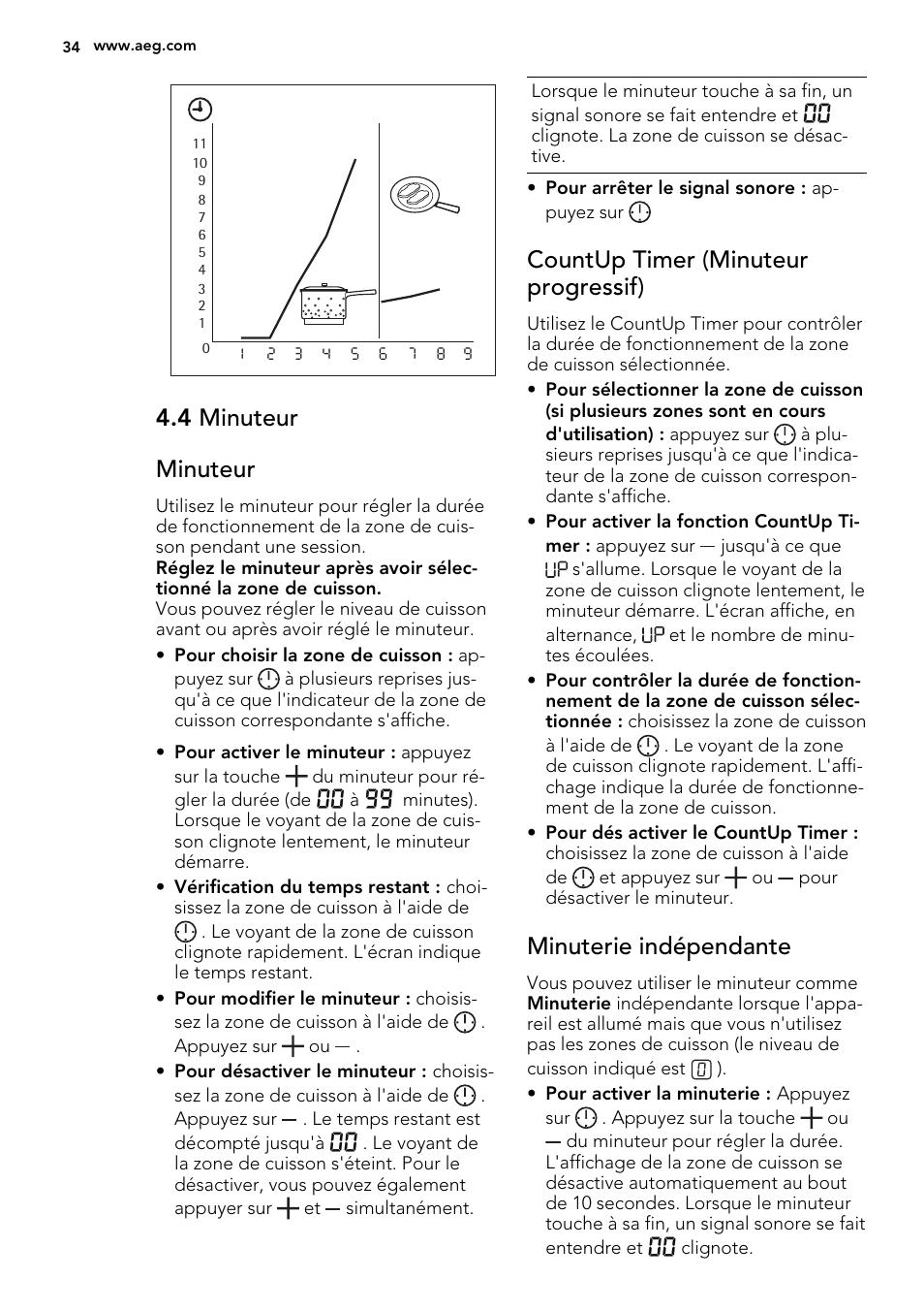 4 minuteur minuteur, Countup timer (minuteur progressif), Minuterie indépendante | AEG HE634070XB User Manual | Page 34 / 56