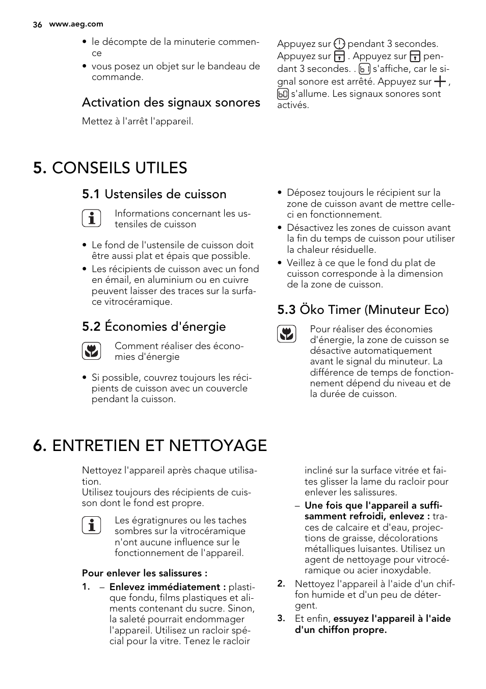 Conseils utiles, Entretien et nettoyage, Activation des signaux sonores | 1 ustensiles de cuisson, 2 économies d'énergie, 3 öko timer (minuteur eco) | AEG HE634070XB User Manual | Page 36 / 56