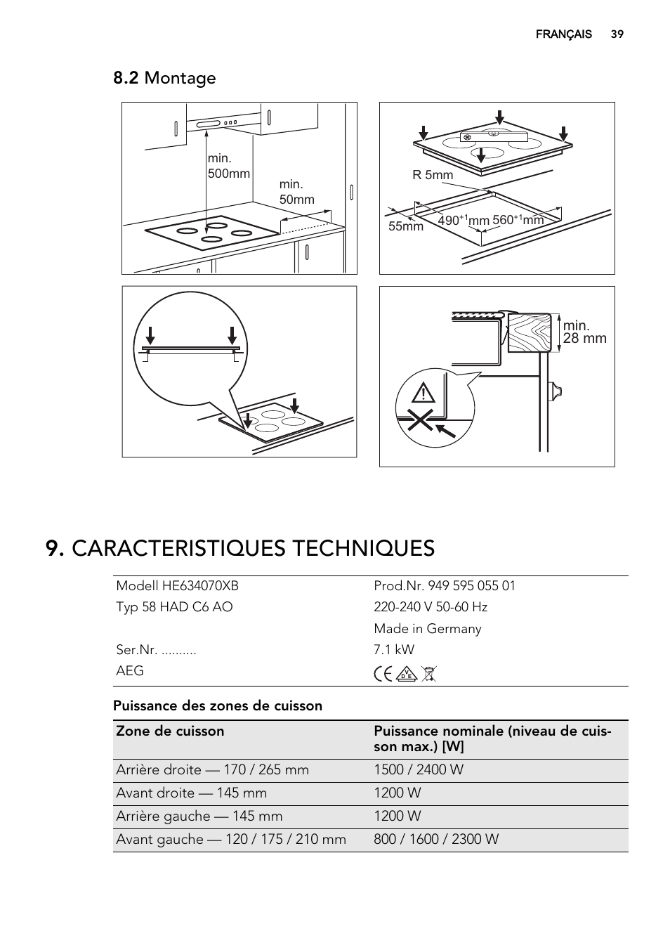 Caracteristiques techniques, 2 montage | AEG HE634070XB User Manual | Page 39 / 56