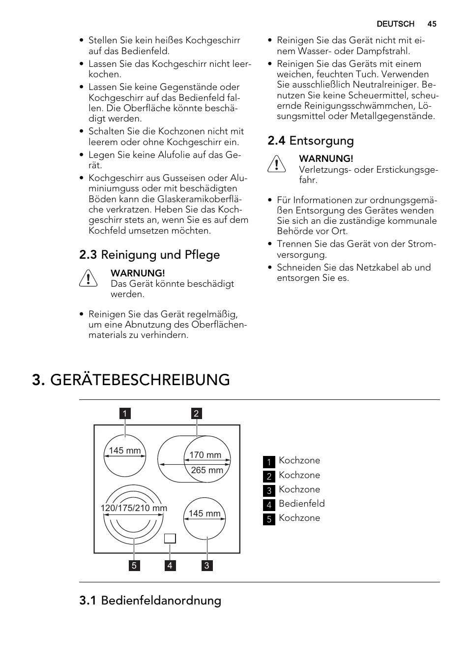 Gerätebeschreibung, 3 reinigung und pflege, 4 entsorgung | 1 bedienfeldanordnung | AEG HE634070XB User Manual | Page 45 / 56