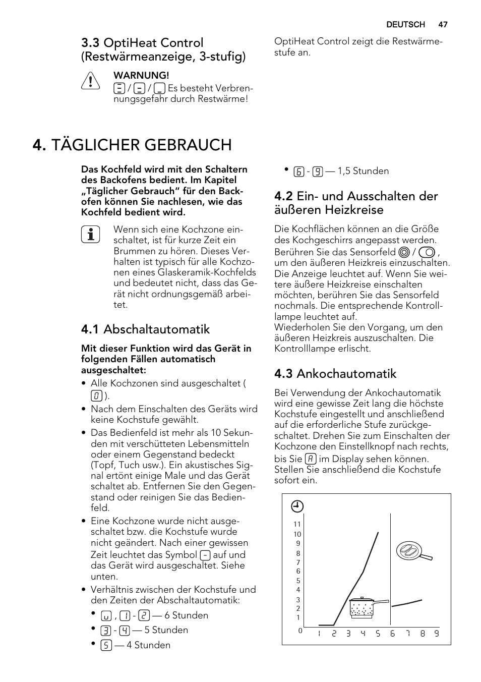 Täglicher gebrauch, 3 optiheat control (restwärmeanzeige, 3-stufig), 1 abschaltautomatik | 2 ein- und ausschalten der äußeren heizkreise, 3 ankochautomatik | AEG HE634070XB User Manual | Page 47 / 56