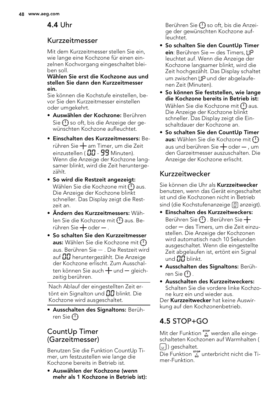 4 uhr kurzzeitmesser, Countup timer (garzeitmesser), Kurzzeitwecker | 5 stop+go | AEG HE634070XB User Manual | Page 48 / 56