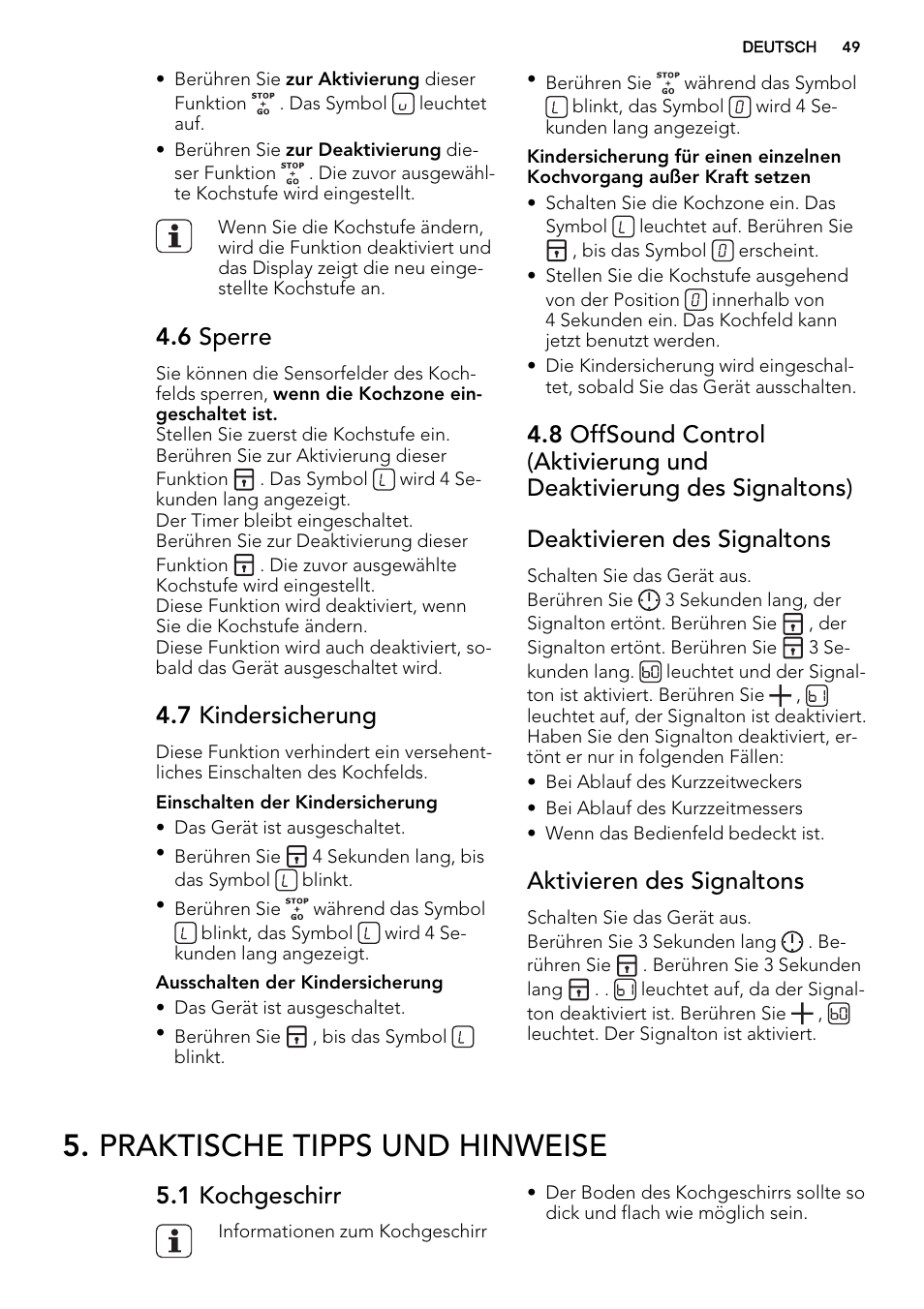 Praktische tipps und hinweise, 6 sperre, 7 kindersicherung | Aktivieren des signaltons, 1 kochgeschirr | AEG HE634070XB User Manual | Page 49 / 56