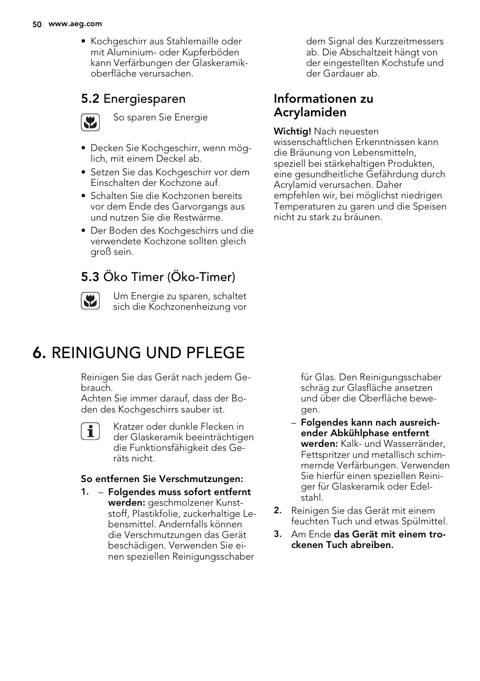 Reinigung und pflege, 2 energiesparen, 3 öko timer (öko-timer) | Informationen zu acrylamiden | AEG HE634070XB User Manual | Page 50 / 56