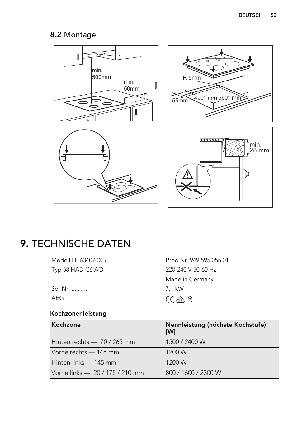 Technische daten, 2 montage | AEG HE634070XB User Manual | Page 53 / 56