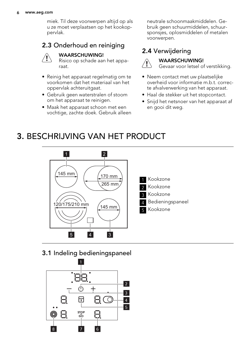 Beschrijving van het product, 3 onderhoud en reiniging, 4 verwijdering | 1 indeling bedieningspaneel | AEG HE634070XB User Manual | Page 6 / 56