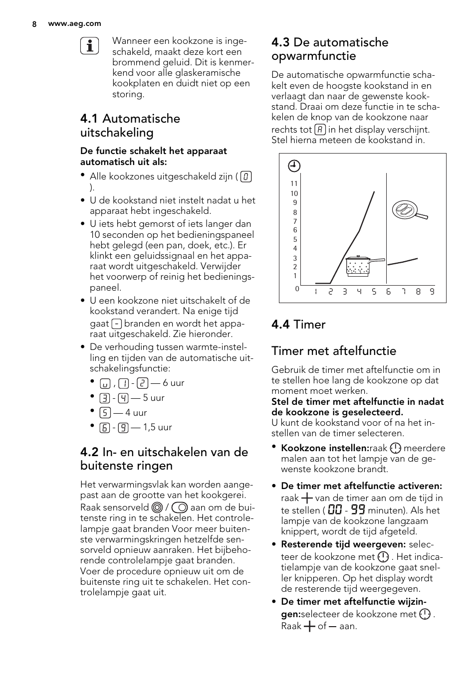 1 automatische uitschakeling, 2 in- en uitschakelen van de buitenste ringen, 3 de automatische opwarmfunctie | 4 timer timer met aftelfunctie | AEG HE634070XB User Manual | Page 8 / 56