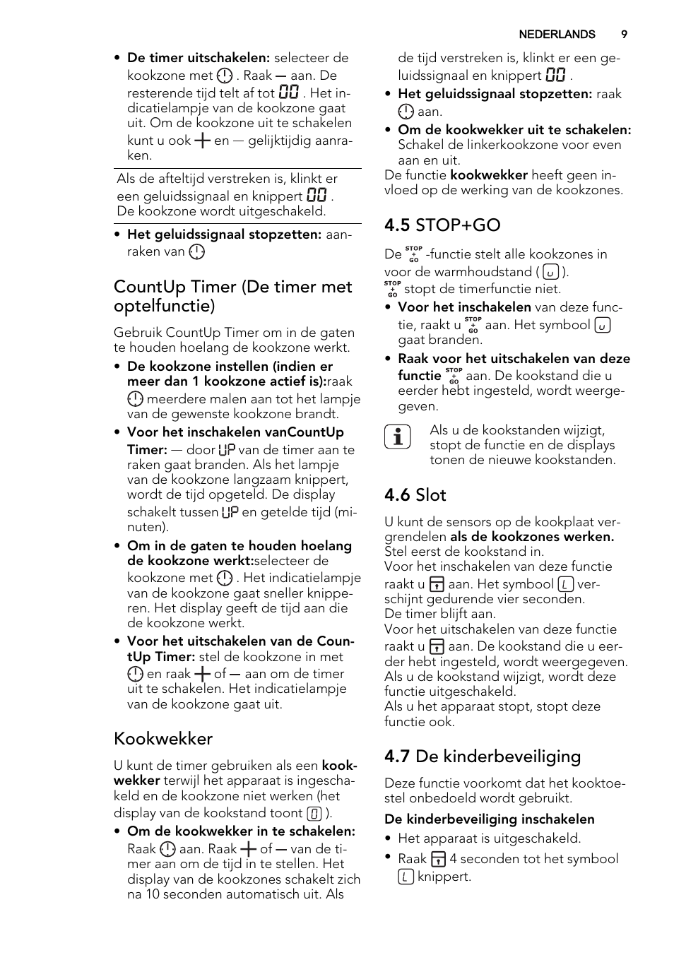 Countup timer (de timer met optelfunctie), Kookwekker, 5 stop+go | 6 slot, 7 de kinderbeveiliging | AEG HE634070XB User Manual | Page 9 / 56