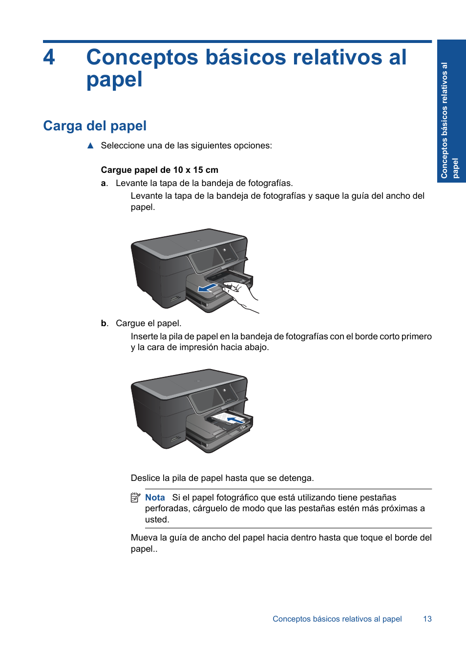 4conceptos básicos relativos al papel, Carga del papel | HP Impresora e-Todo-en-Uno HP Photosmart Plus - B210a User Manual | Page 15 / 70