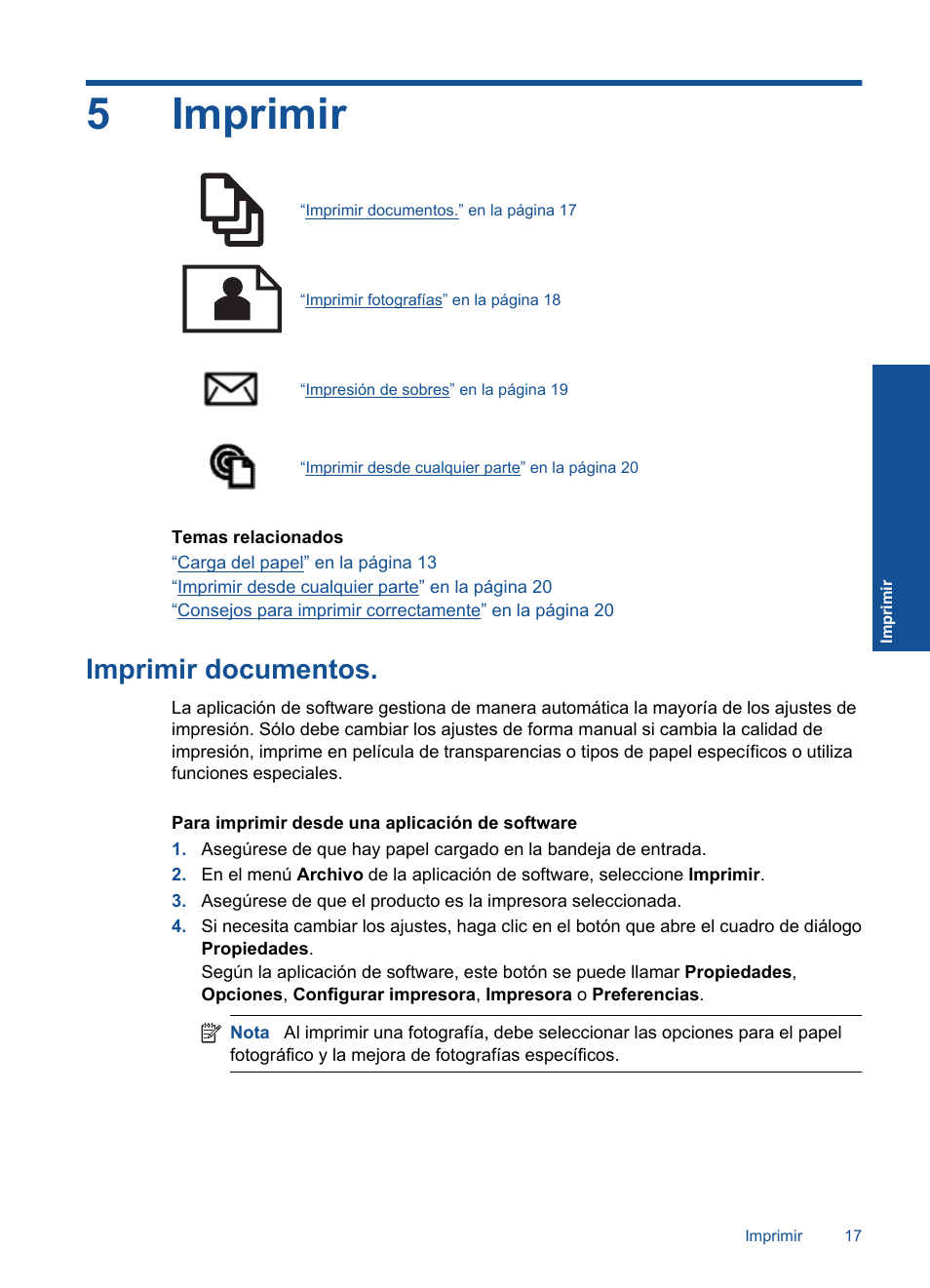 Imprimir, 5 imprimir, 5imprimir | Imprimir documentos | HP Impresora e-Todo-en-Uno HP Photosmart Plus - B210a User Manual | Page 19 / 70