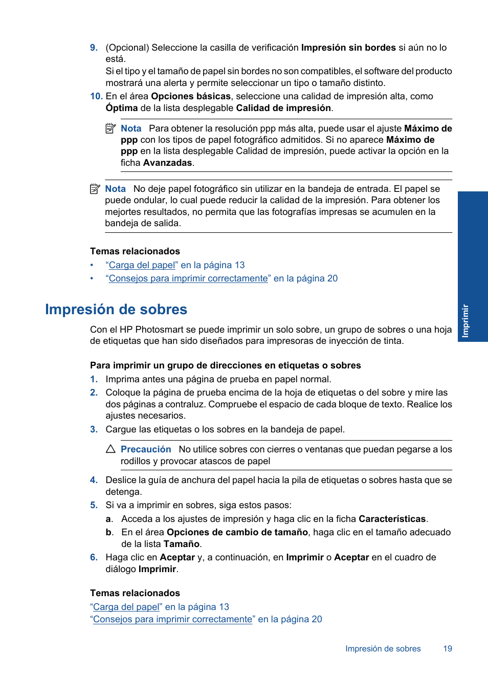 Impresión de sobres | HP Impresora e-Todo-en-Uno HP Photosmart Plus - B210a User Manual | Page 21 / 70