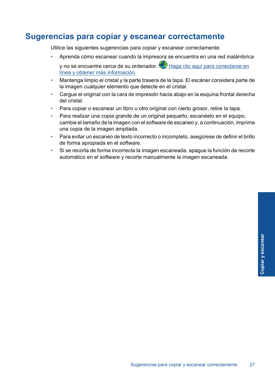 Sugerencias para copiar y escanear correctamente | HP Impresora e-Todo-en-Uno HP Photosmart Plus - B210a User Manual | Page 29 / 70