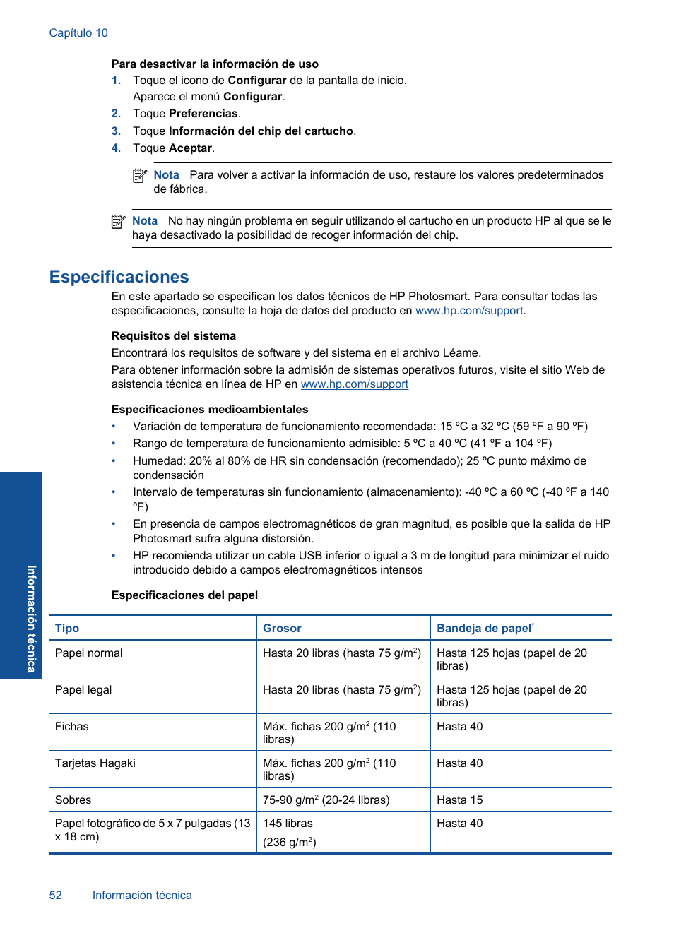 Especificaciones | HP Impresora e-Todo-en-Uno HP Photosmart Plus - B210a User Manual | Page 54 / 70