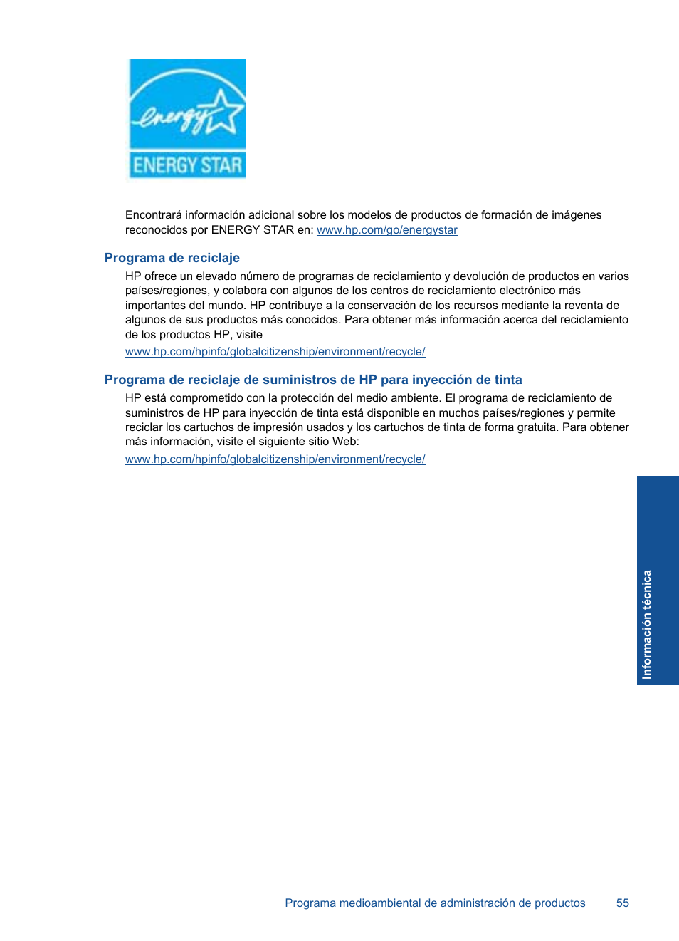 Programa de reciclaje | HP Impresora e-Todo-en-Uno HP Photosmart Plus - B210a User Manual | Page 57 / 70