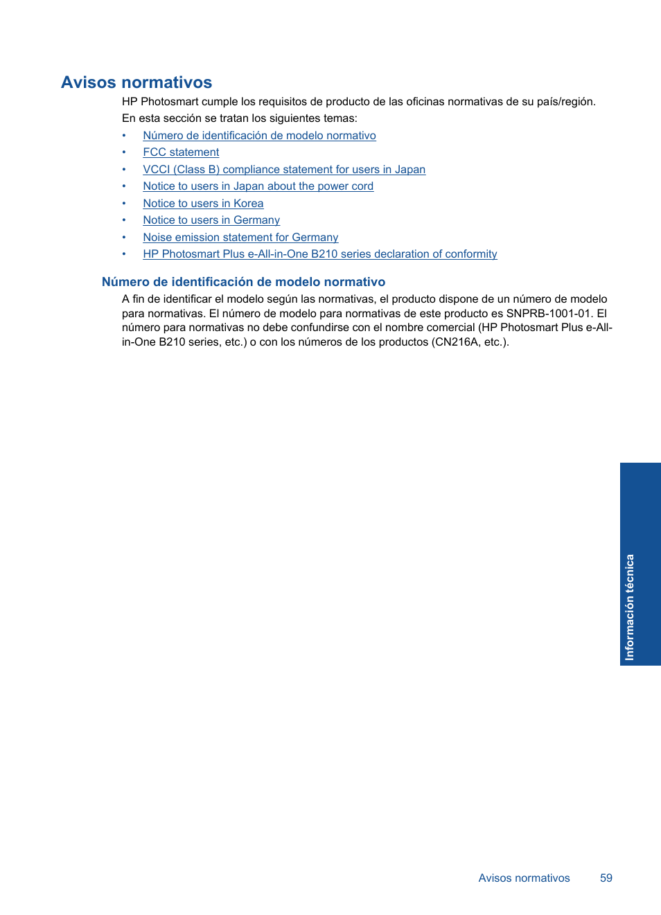 Avisos normativos, Número de identificación de modelo normativo | HP Impresora e-Todo-en-Uno HP Photosmart Plus - B210a User Manual | Page 61 / 70