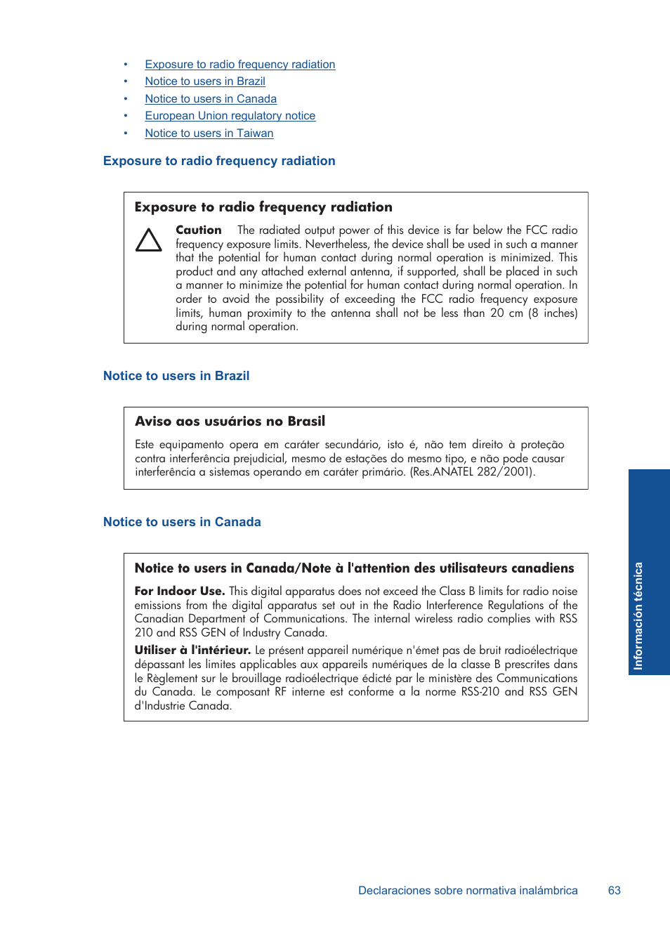 Exposure to radio frequency radiation, Notice to users in brazil, Notice to users in canada | HP Impresora e-Todo-en-Uno HP Photosmart Plus - B210a User Manual | Page 65 / 70