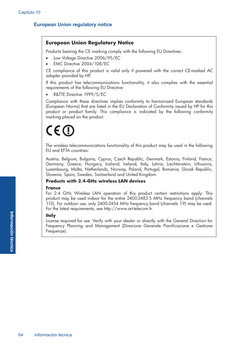 European union regulatory notice | HP Impresora e-Todo-en-Uno HP Photosmart Plus - B210a User Manual | Page 66 / 70