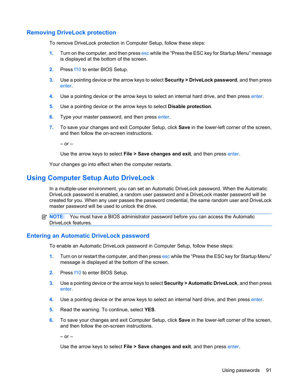 Removing drivelock protection, Using computer setup auto drivelock, Entering an automatic drivelock password | HP ProBook 5320m Notebook PC User Manual | Page 101 / 140