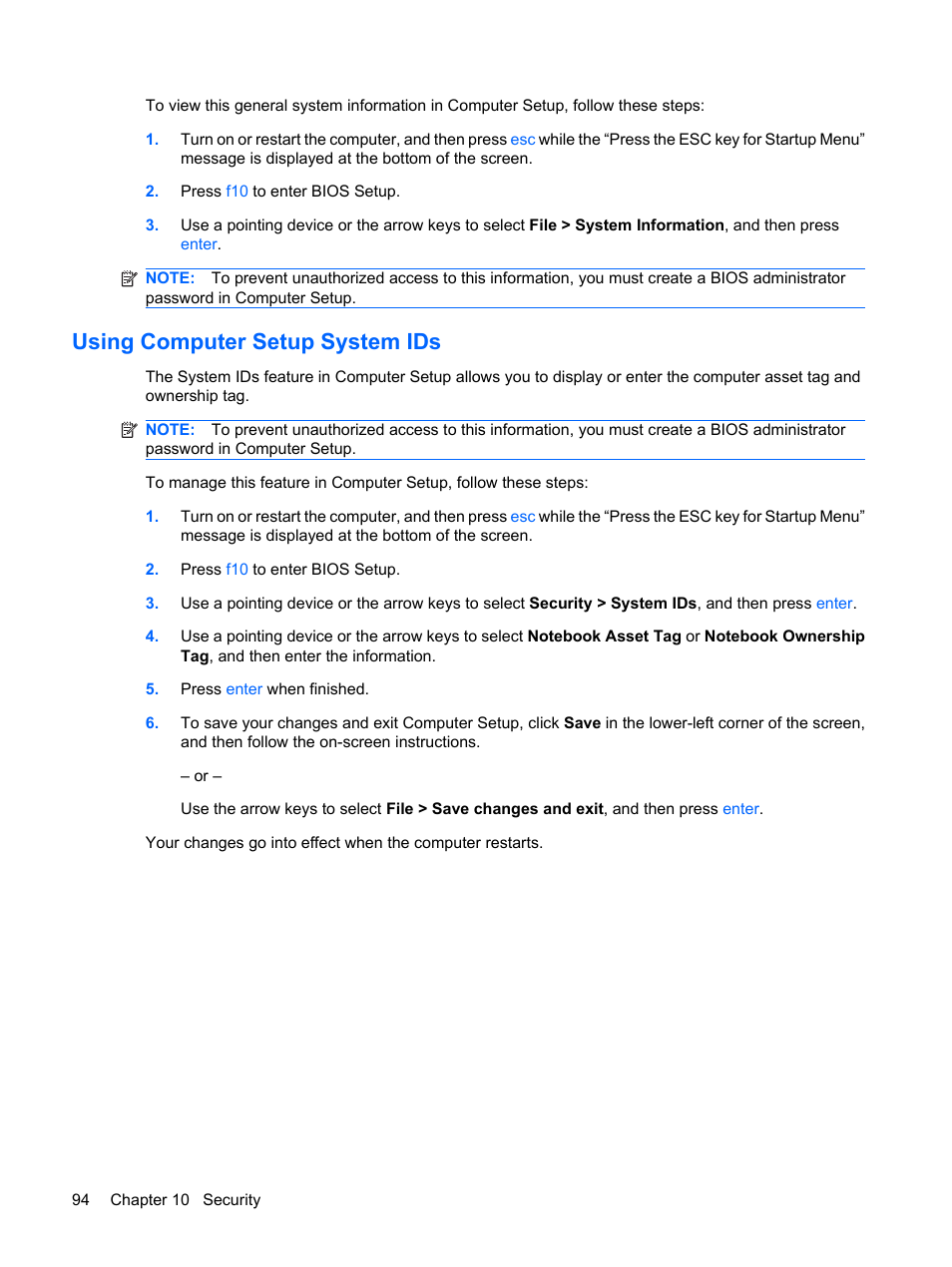 Using computer setup system ids | HP ProBook 5320m Notebook PC User Manual | Page 104 / 140