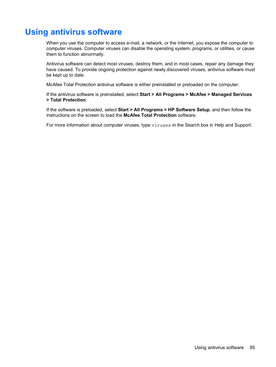 Using antivirus software | HP ProBook 5320m Notebook PC User Manual | Page 105 / 140