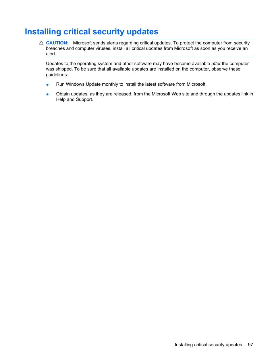 Installing critical security updates | HP ProBook 5320m Notebook PC User Manual | Page 107 / 140