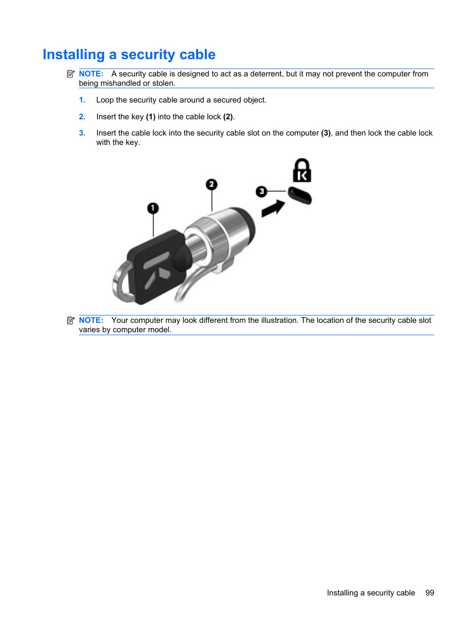 Installing a security cable | HP ProBook 5320m Notebook PC User Manual | Page 109 / 140