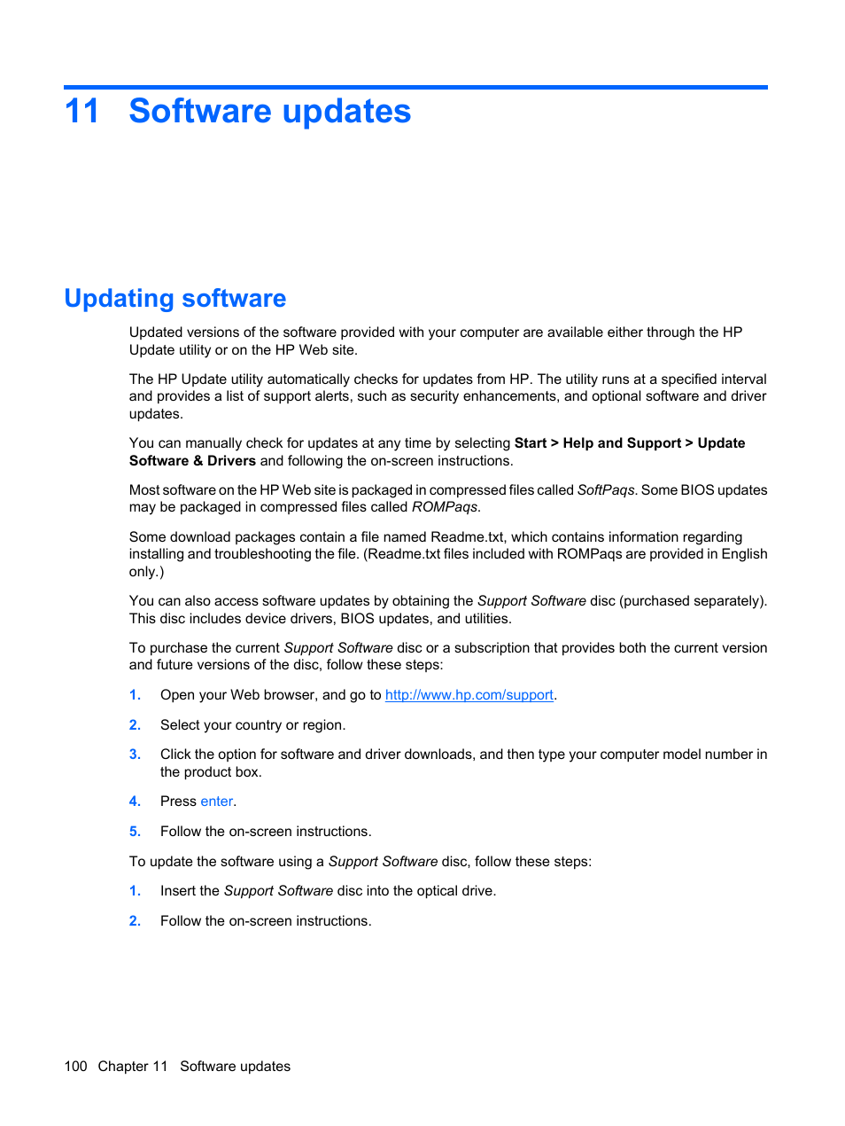 Software updates, Updating software, 11 software updates | HP ProBook 5320m Notebook PC User Manual | Page 110 / 140
