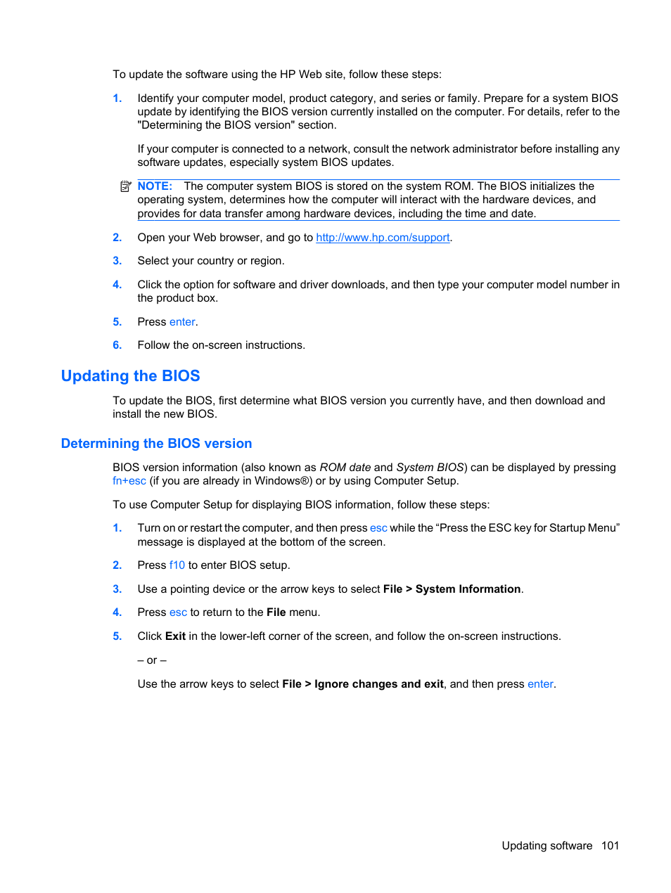 Updating the bios, Determining the bios version | HP ProBook 5320m Notebook PC User Manual | Page 111 / 140