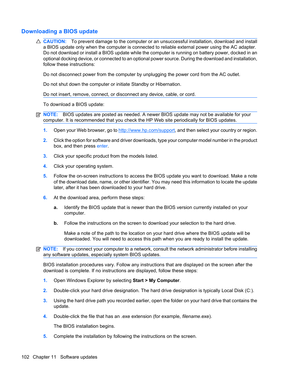 Downloading a bios update | HP ProBook 5320m Notebook PC User Manual | Page 112 / 140