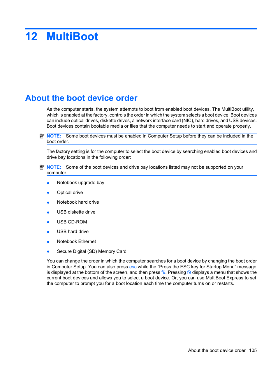 Multiboot, About the boot device order, 12 multiboot | HP ProBook 5320m Notebook PC User Manual | Page 115 / 140