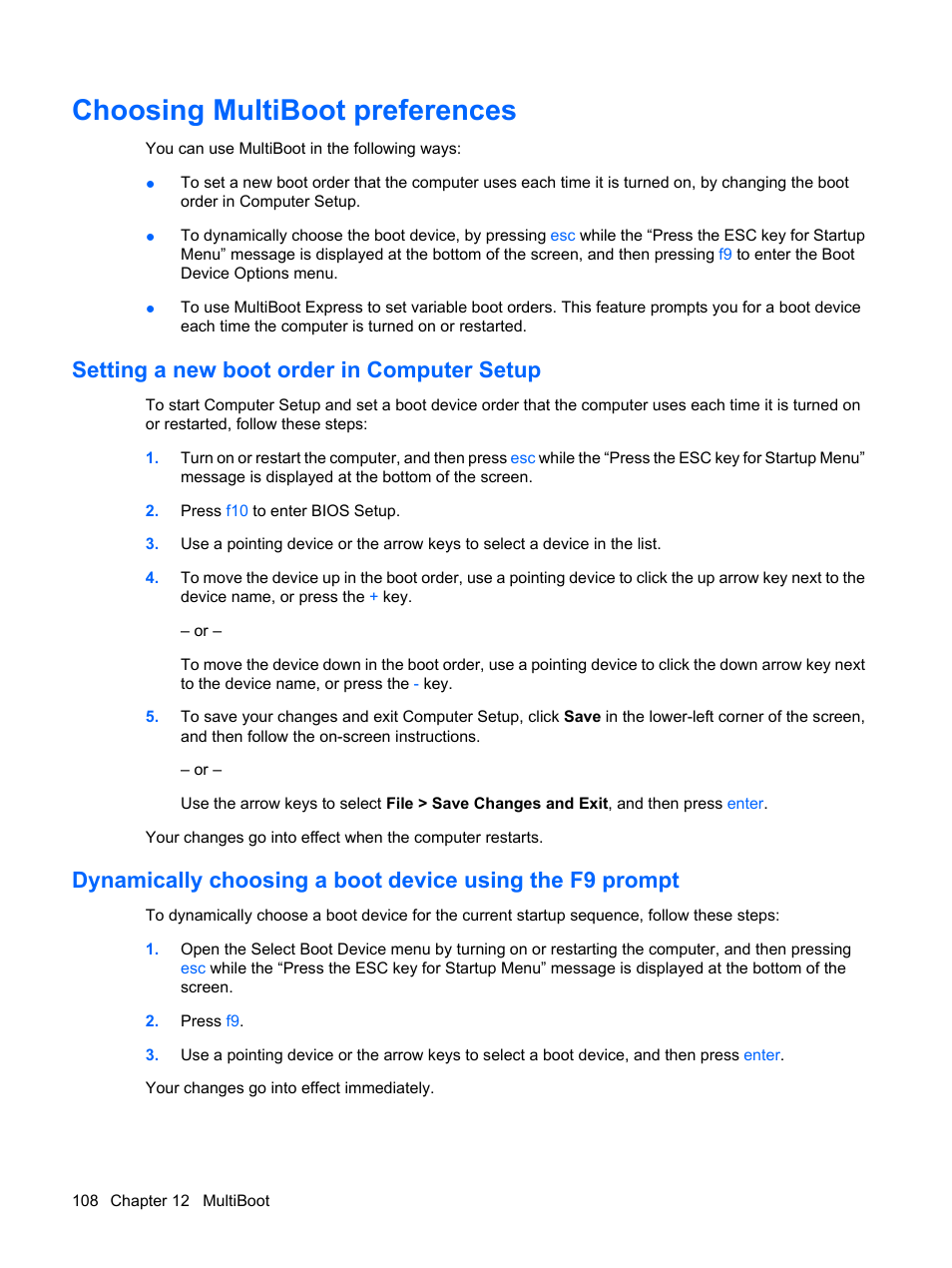 Choosing multiboot preferences, Setting a new boot order in computer setup | HP ProBook 5320m Notebook PC User Manual | Page 118 / 140