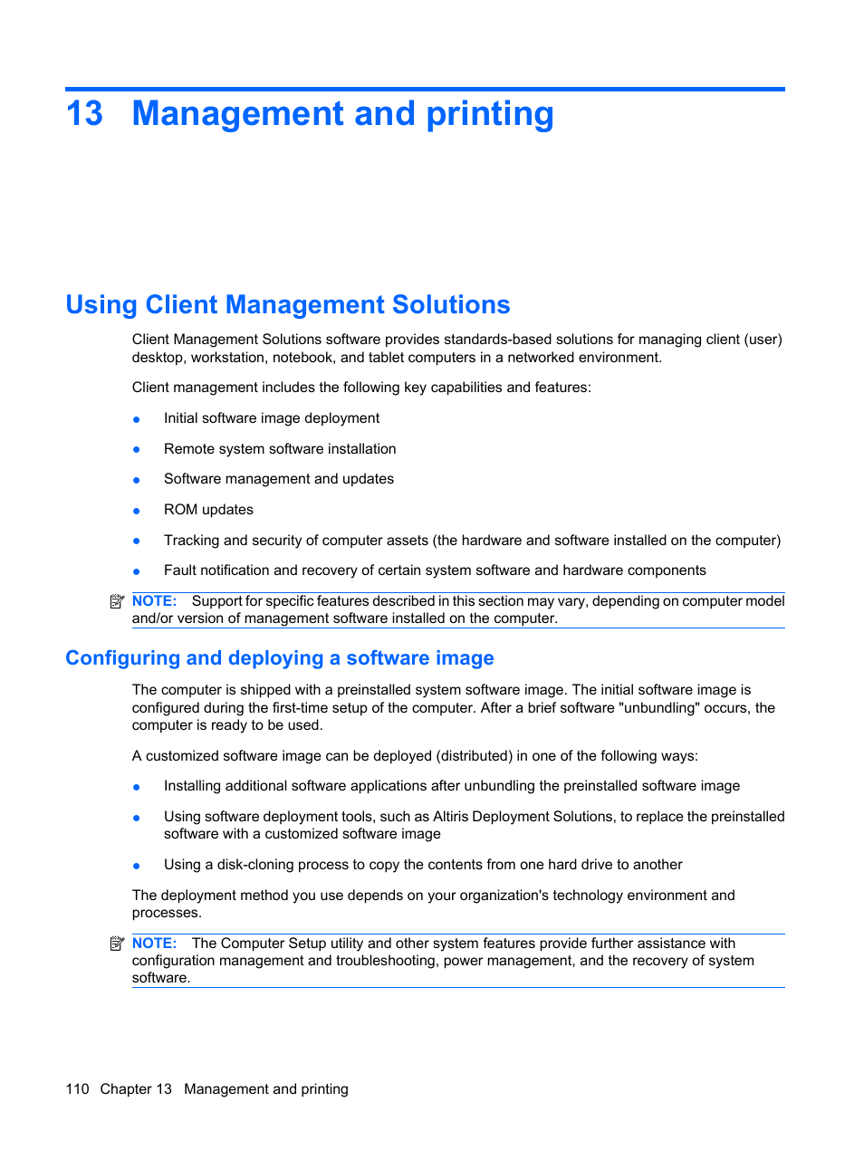 Management and printing, Using client management solutions, Configuring and deploying a software image | 13 management and printing | HP ProBook 5320m Notebook PC User Manual | Page 120 / 140