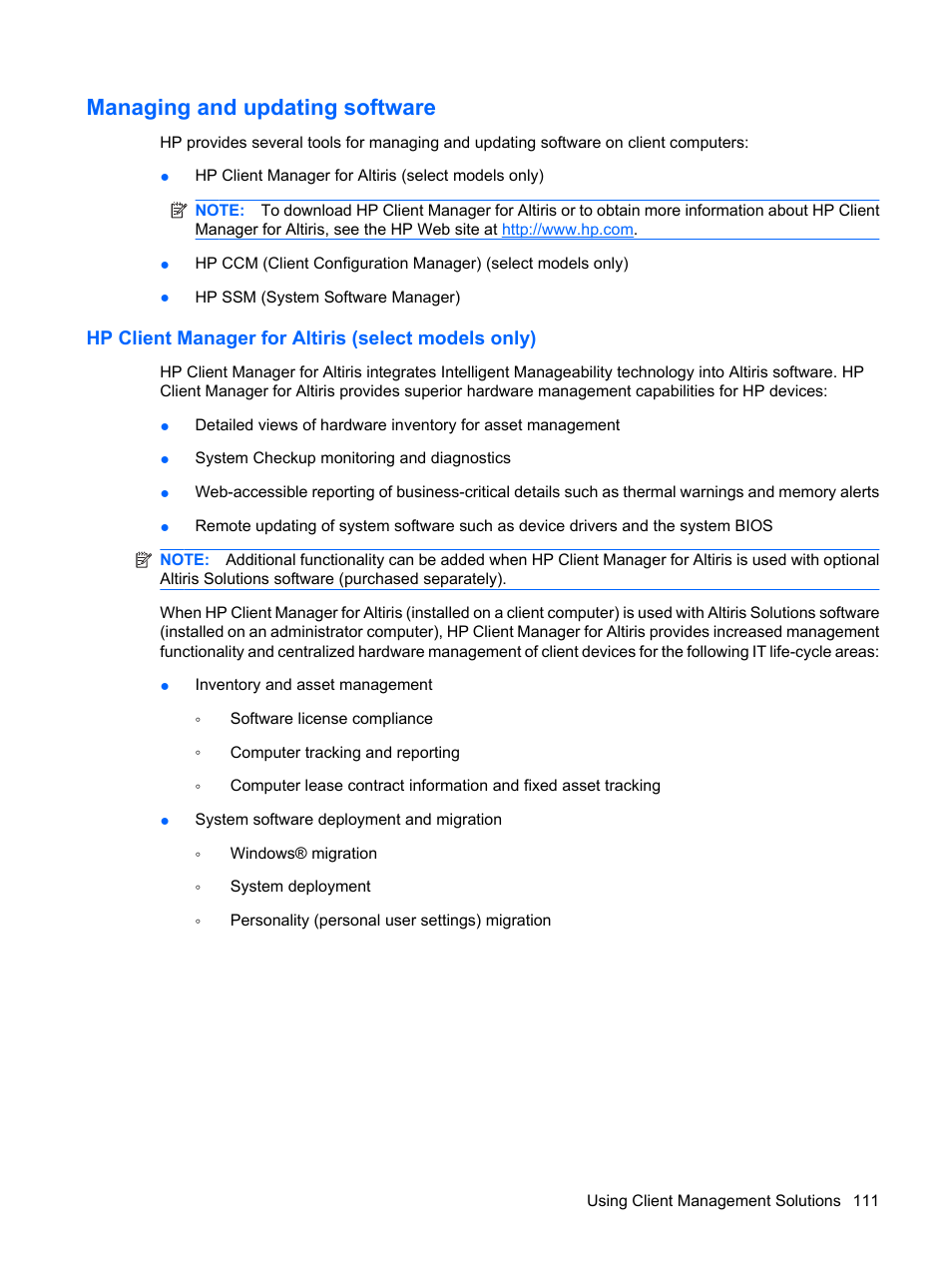 Managing and updating software, Hp client manager for altiris (select models only) | HP ProBook 5320m Notebook PC User Manual | Page 121 / 140
