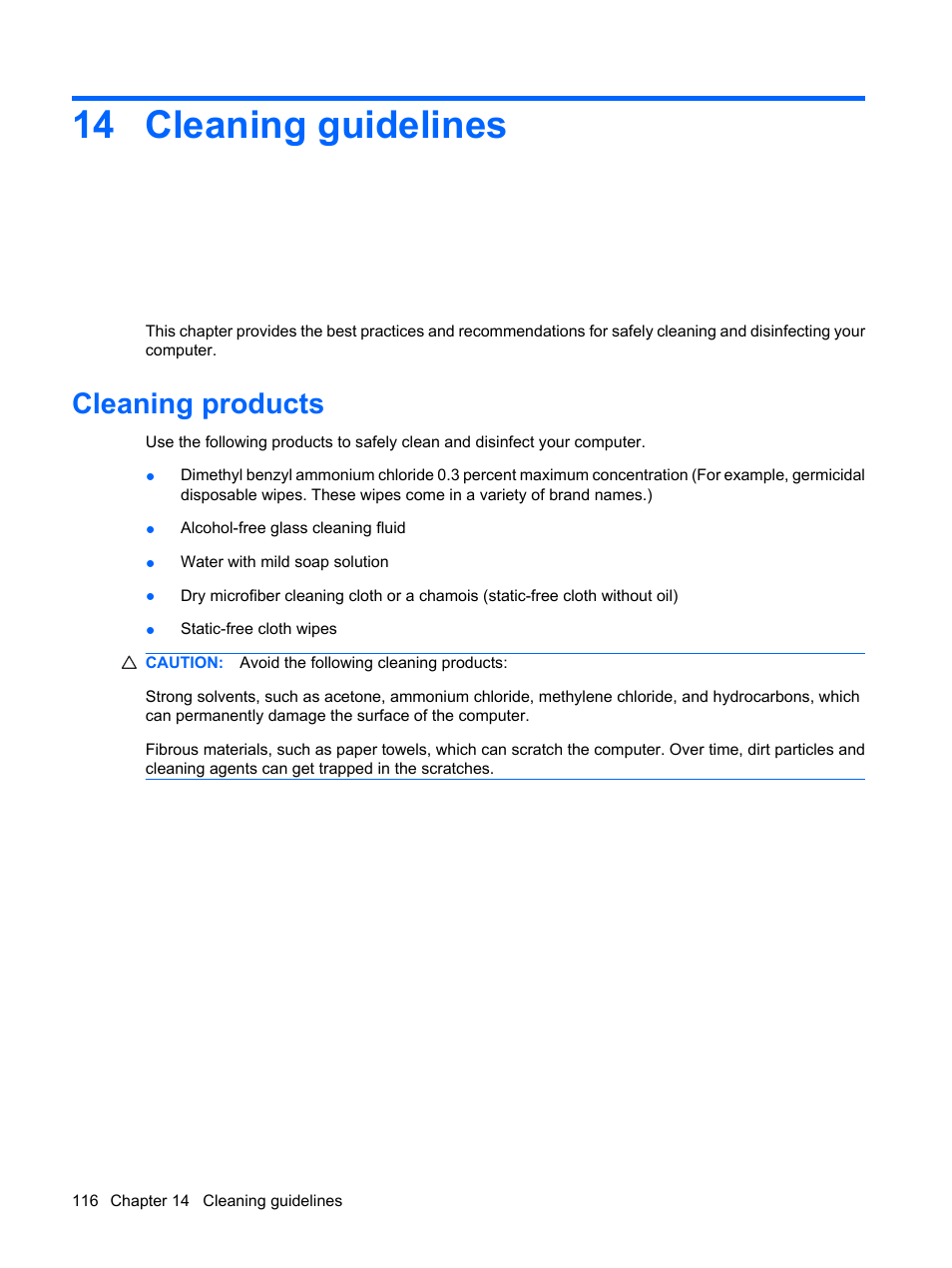 Cleaning guidelines, Cleaning products, 14 cleaning guidelines | HP ProBook 5320m Notebook PC User Manual | Page 126 / 140