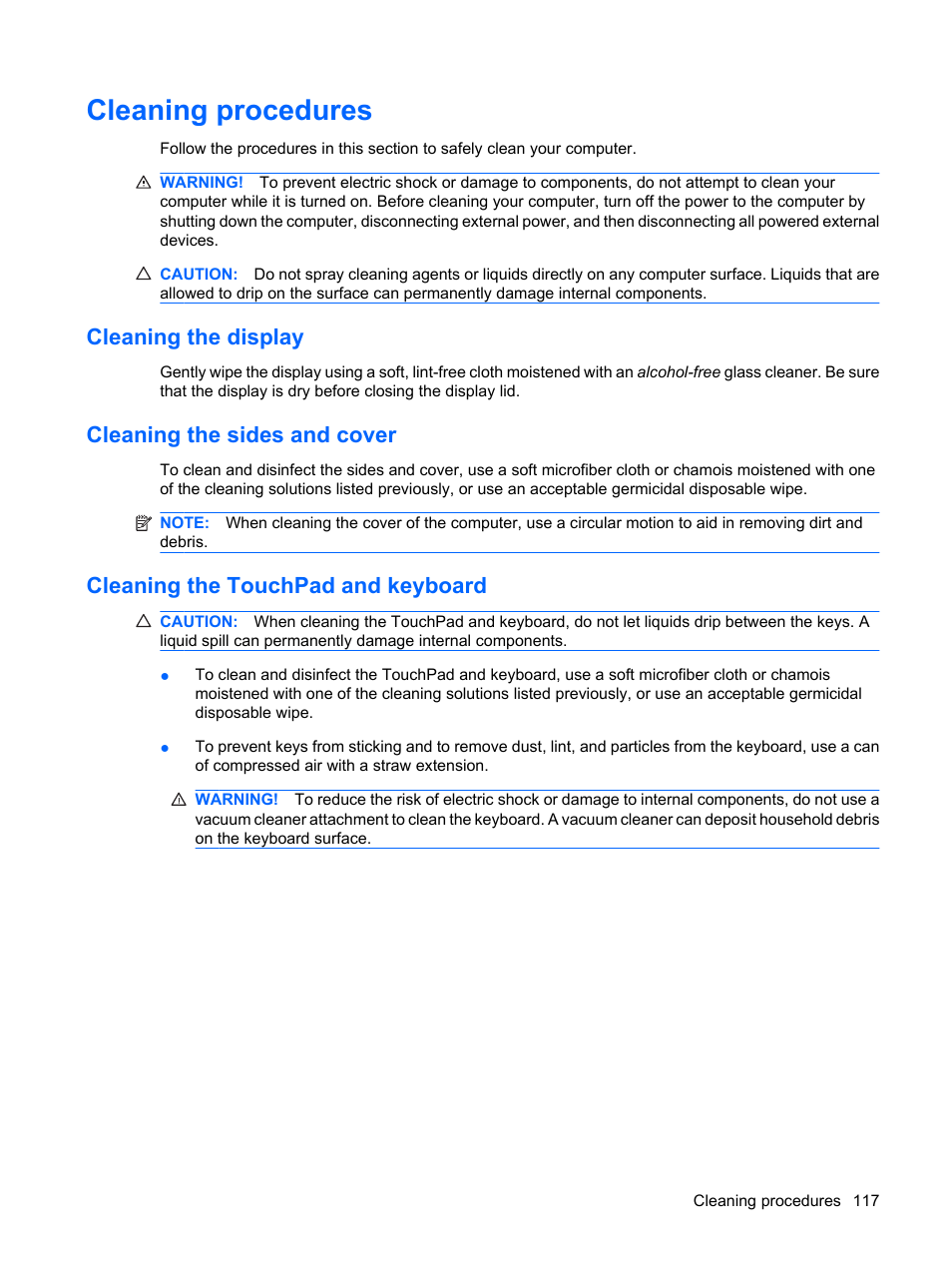 Cleaning procedures, Cleaning the display, Cleaning the sides and cover | Cleaning the touchpad and keyboard | HP ProBook 5320m Notebook PC User Manual | Page 127 / 140