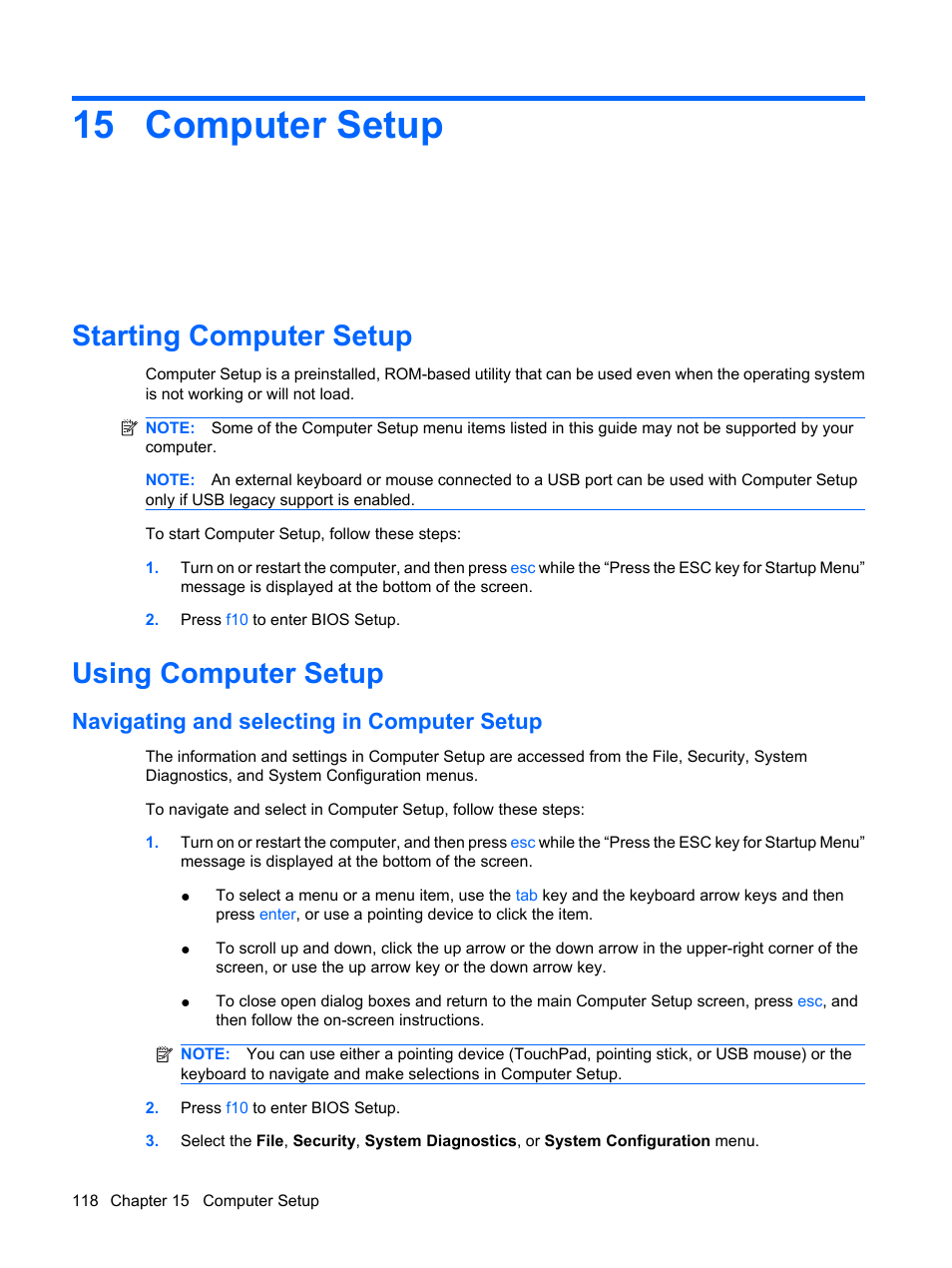 Computer setup, Starting computer setup, Using computer setup | Navigating and selecting in computer setup, 15 computer setup, Starting computer setup using computer setup | HP ProBook 5320m Notebook PC User Manual | Page 128 / 140