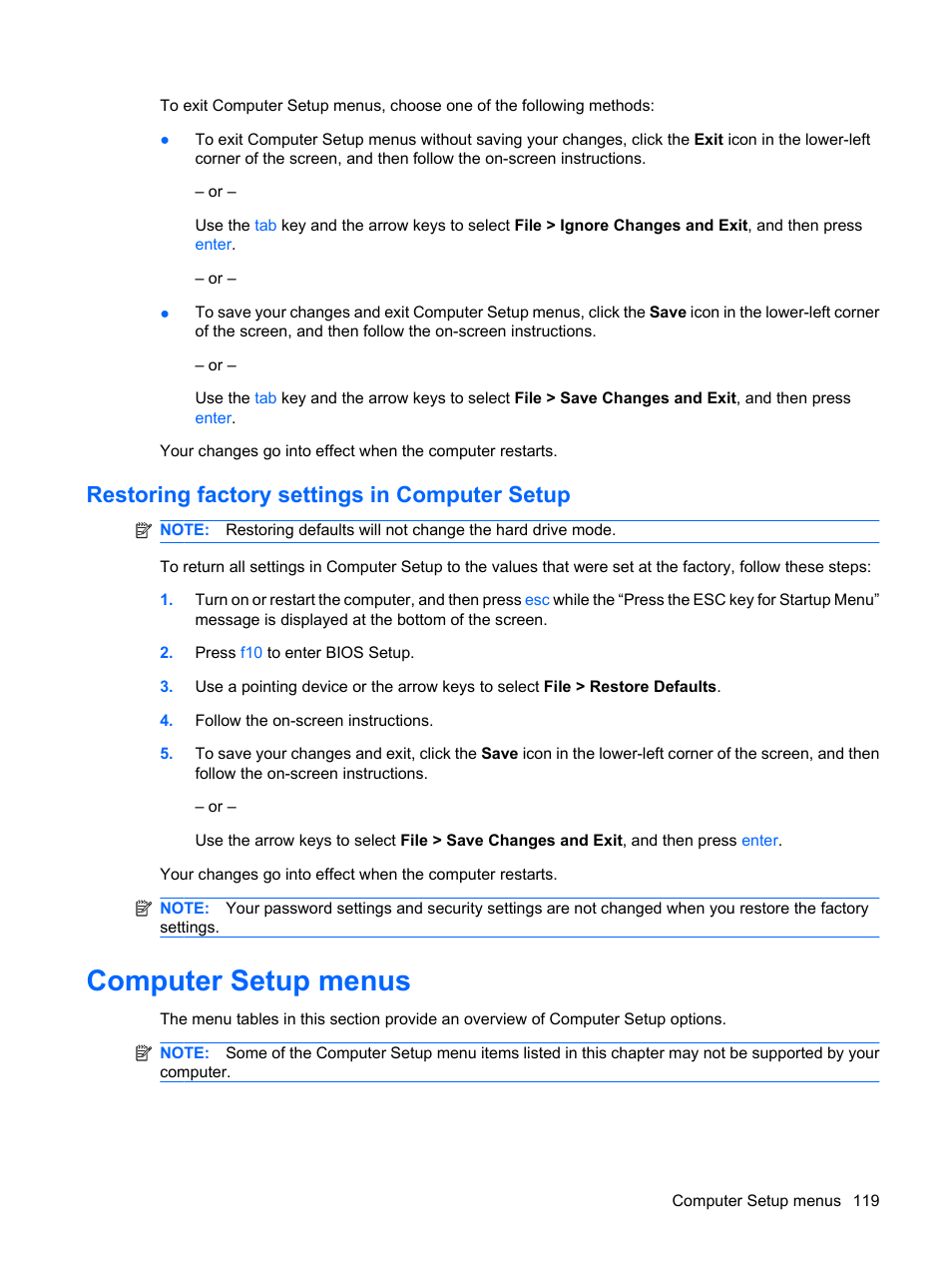 Restoring factory settings in computer setup, Computer setup menus | HP ProBook 5320m Notebook PC User Manual | Page 129 / 140