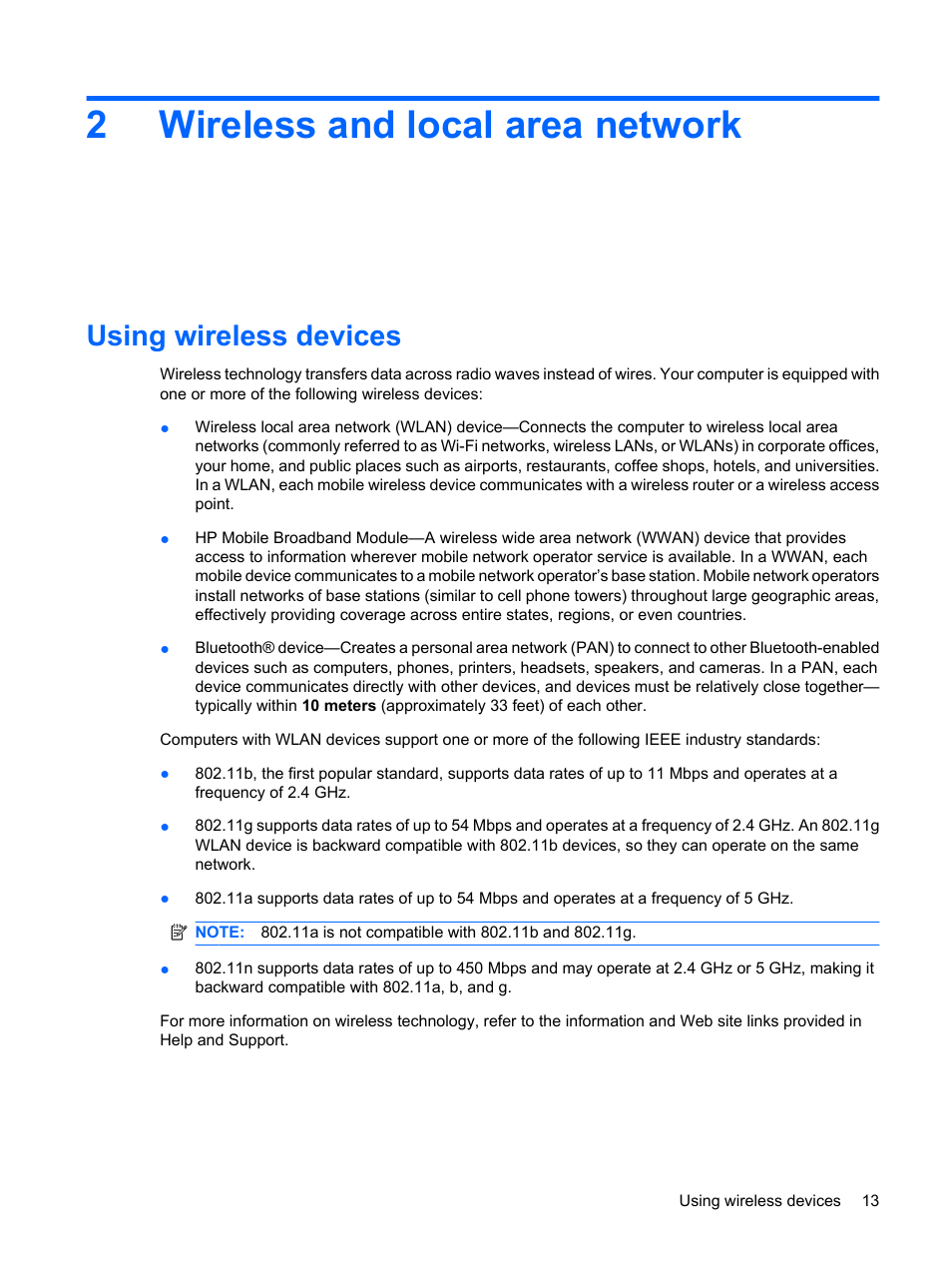 Wireless and local area network, Using wireless devices, 2 wireless and local area network | 2wireless and local area network | HP ProBook 5320m Notebook PC User Manual | Page 23 / 140