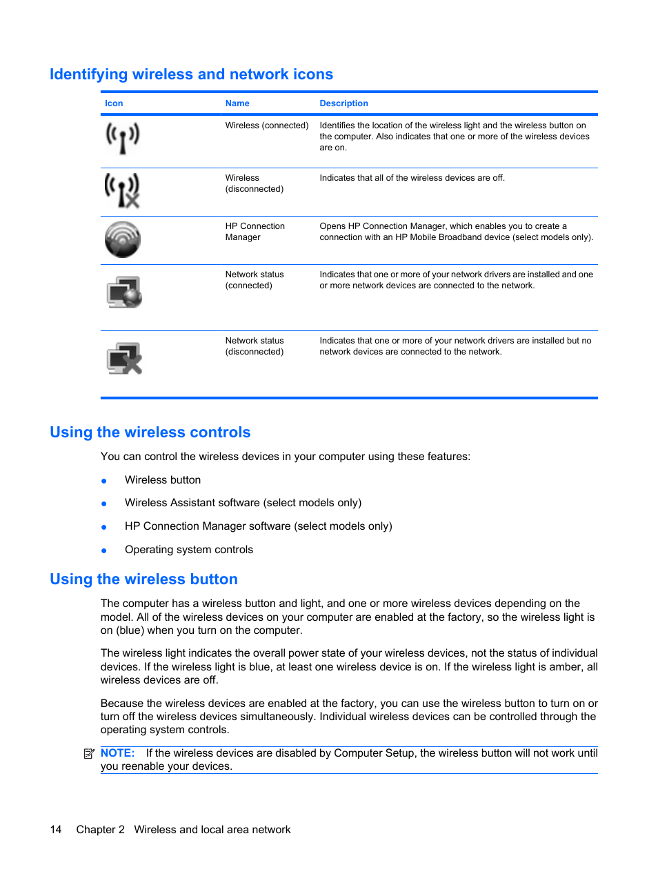 Identifying wireless and network icons, Using the wireless controls, Using the wireless button | HP ProBook 5320m Notebook PC User Manual | Page 24 / 140