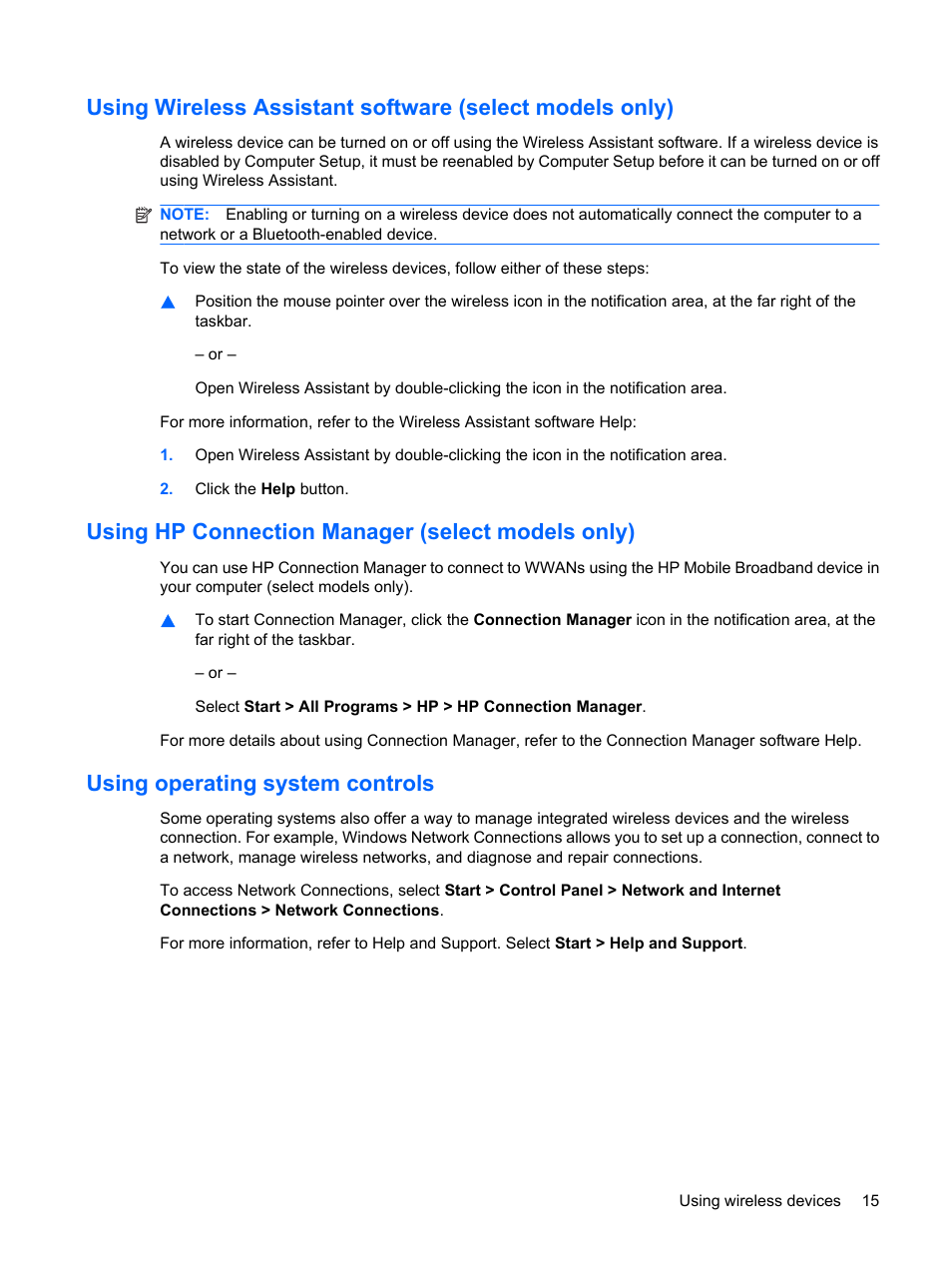 Using hp connection manager (select models only), Using operating system controls | HP ProBook 5320m Notebook PC User Manual | Page 25 / 140