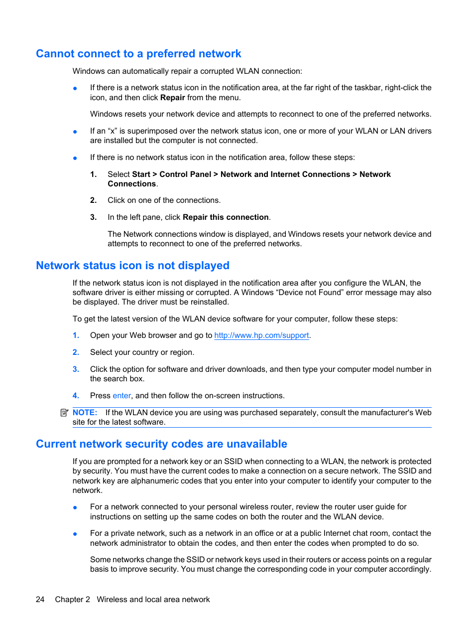 Cannot connect to a preferred network, Network status icon is not displayed, Current network security codes are unavailable | HP ProBook 5320m Notebook PC User Manual | Page 34 / 140