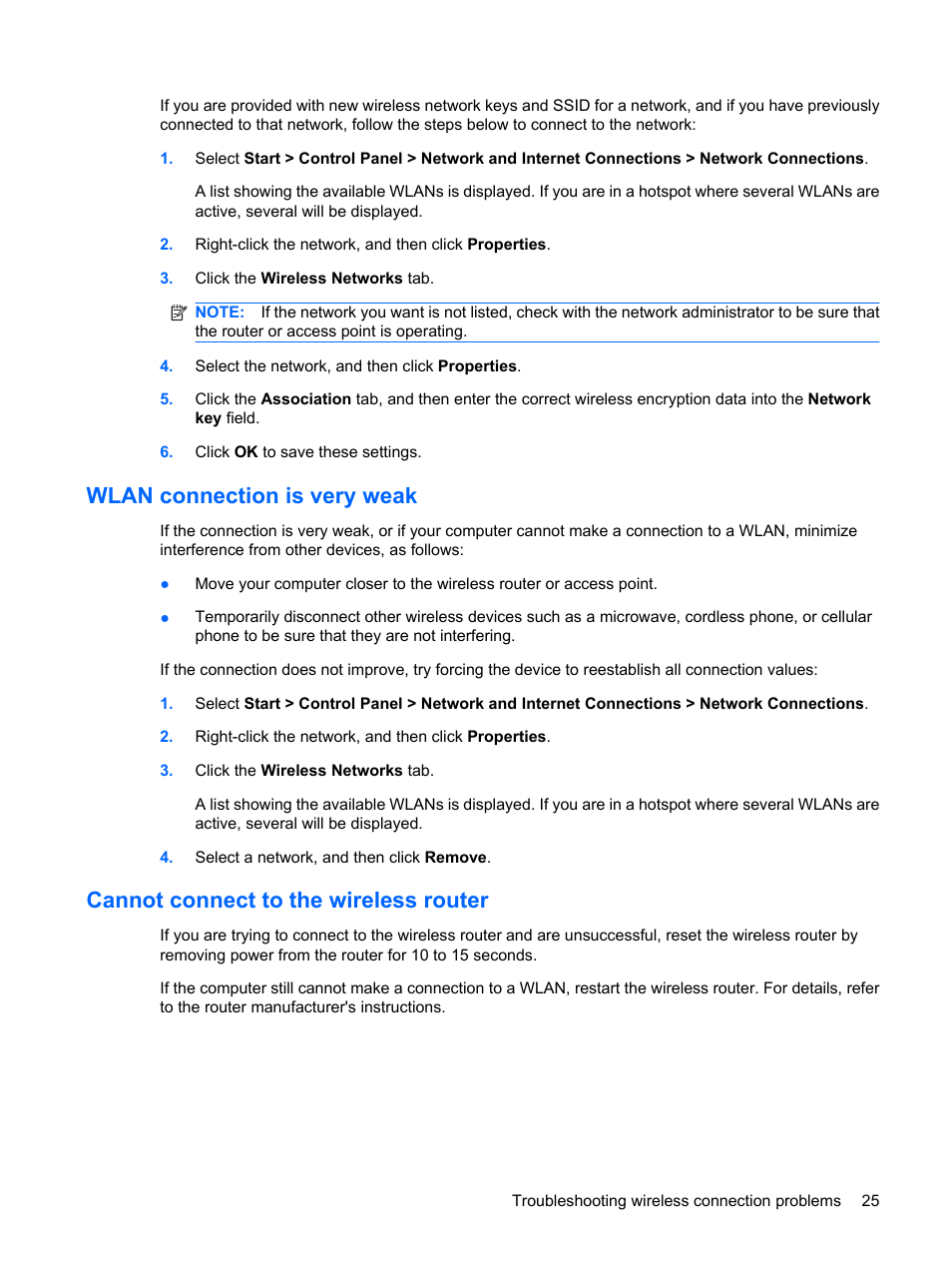 Wlan connection is very weak, Cannot connect to the wireless router | HP ProBook 5320m Notebook PC User Manual | Page 35 / 140