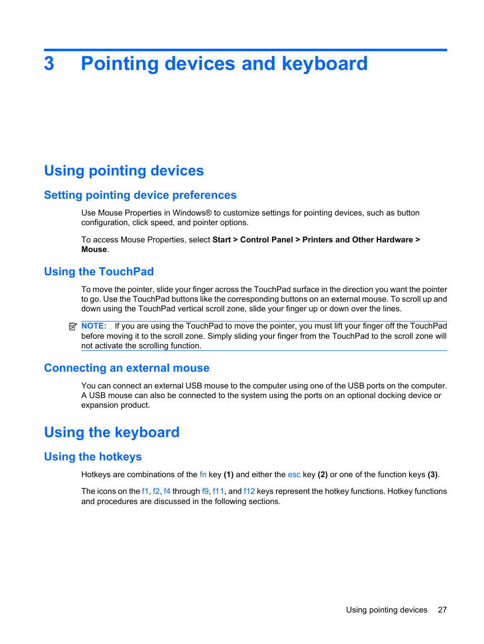 Pointing devices and keyboard, Using pointing devices, Setting pointing device preferences | Using the touchpad, Connecting an external mouse, Using the keyboard, Using the hotkeys, 3 pointing devices and keyboard, 3pointing devices and keyboard | HP ProBook 5320m Notebook PC User Manual | Page 37 / 140
