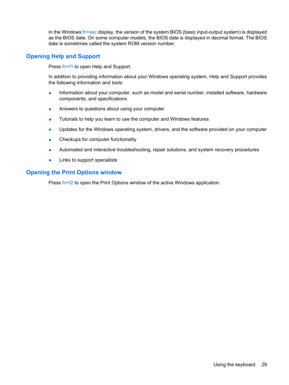 Opening help and support, Opening the print options window | HP ProBook 5320m Notebook PC User Manual | Page 39 / 140