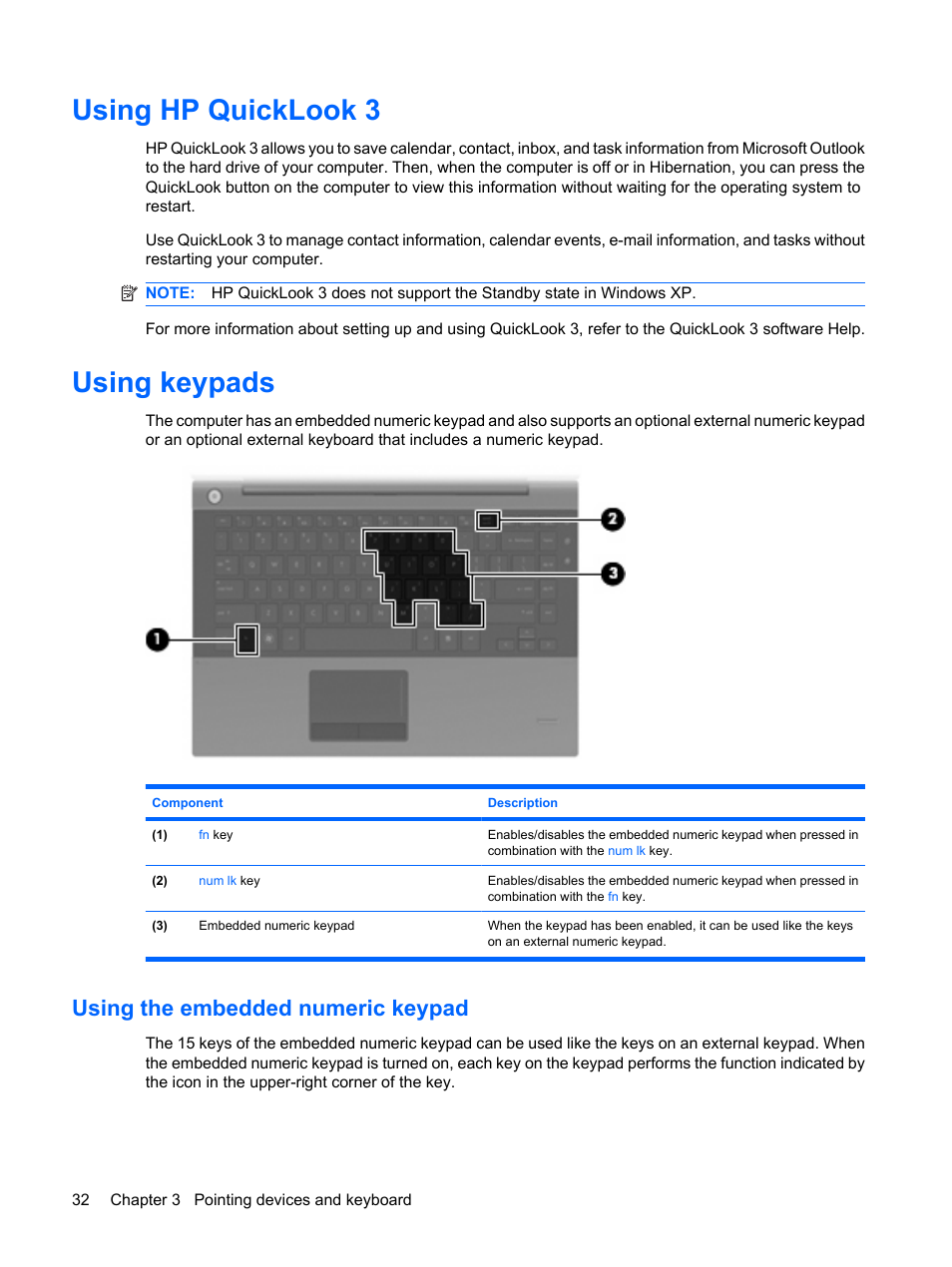 Using hp quicklook 3, Using keypads, Using the embedded numeric keypad | Using hp quicklook 3 using keypads | HP ProBook 5320m Notebook PC User Manual | Page 42 / 140