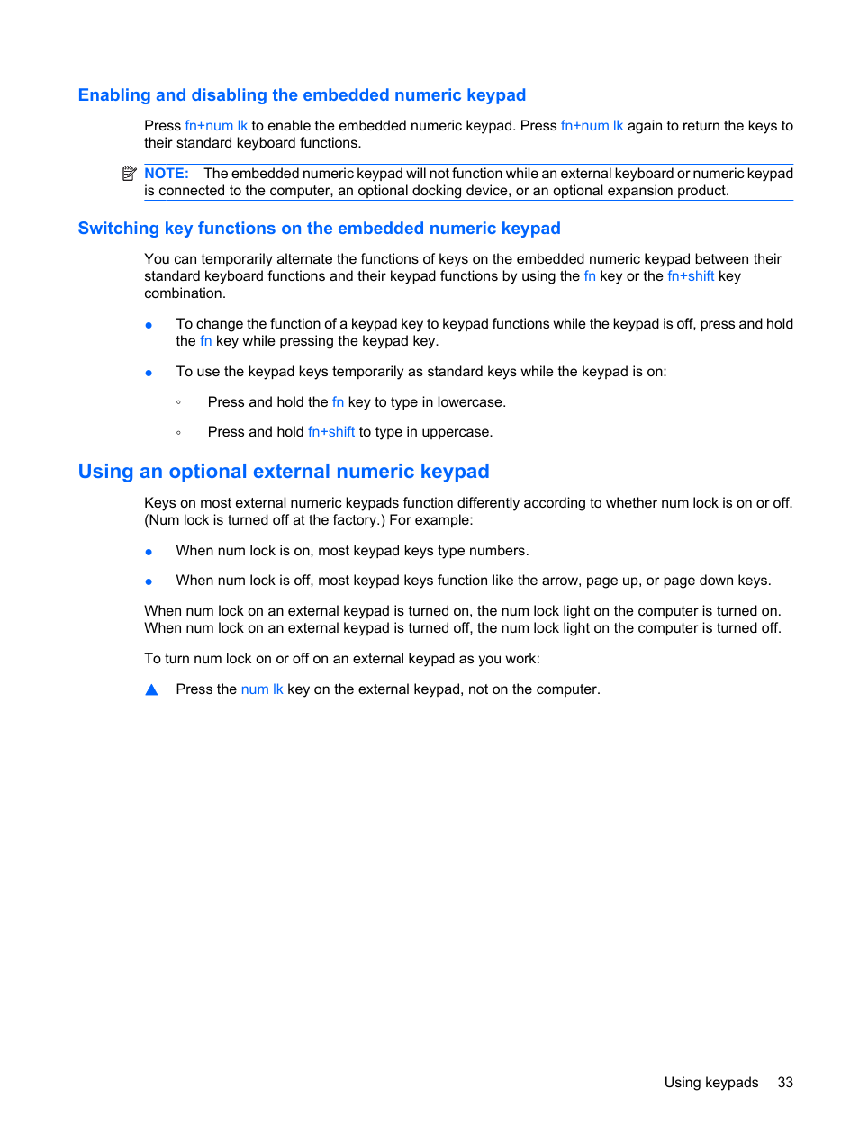 Enabling and disabling the embedded numeric keypad, Using an optional external numeric keypad | HP ProBook 5320m Notebook PC User Manual | Page 43 / 140