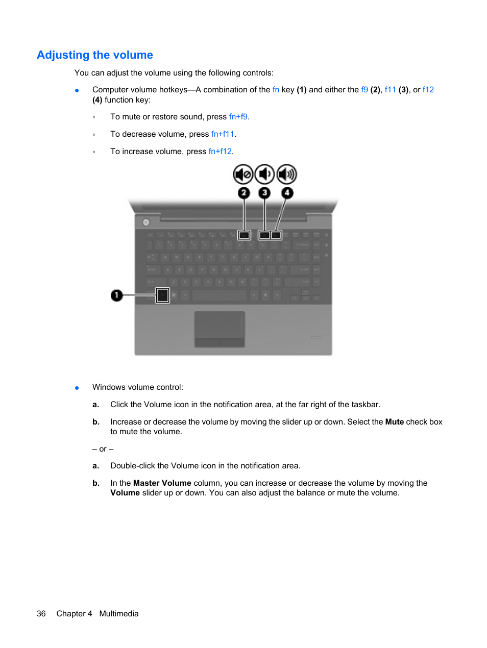 Adjusting the volume | HP ProBook 5320m Notebook PC User Manual | Page 46 / 140