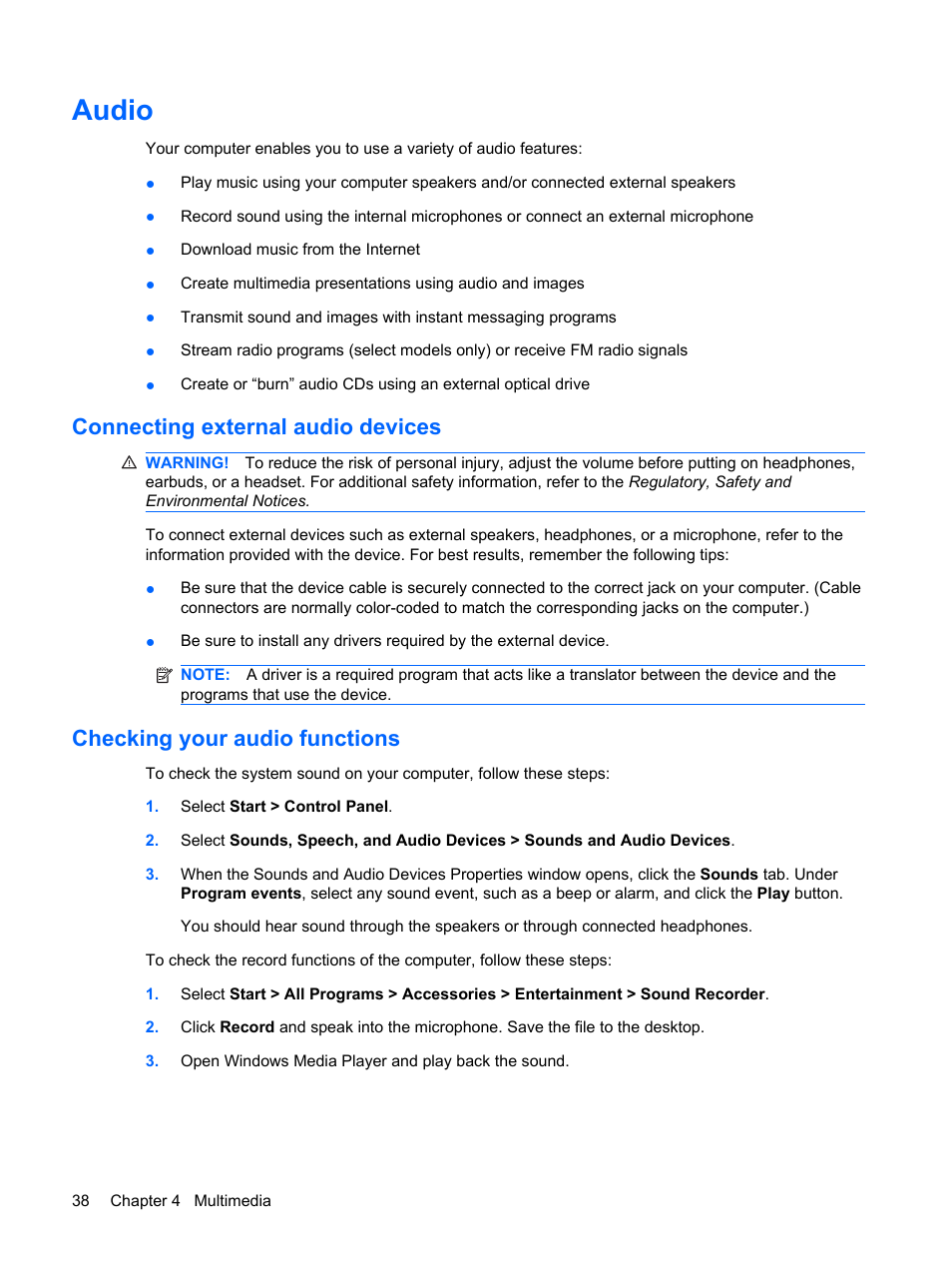 Audio, Connecting external audio devices, Checking your audio functions | HP ProBook 5320m Notebook PC User Manual | Page 48 / 140