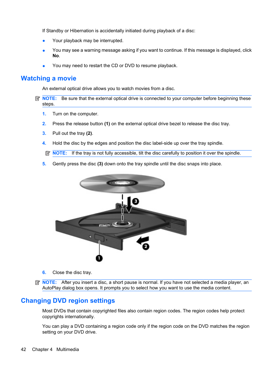 Watching a movie, Changing dvd region settings, Watching a movie changing dvd region settings | HP ProBook 5320m Notebook PC User Manual | Page 52 / 140