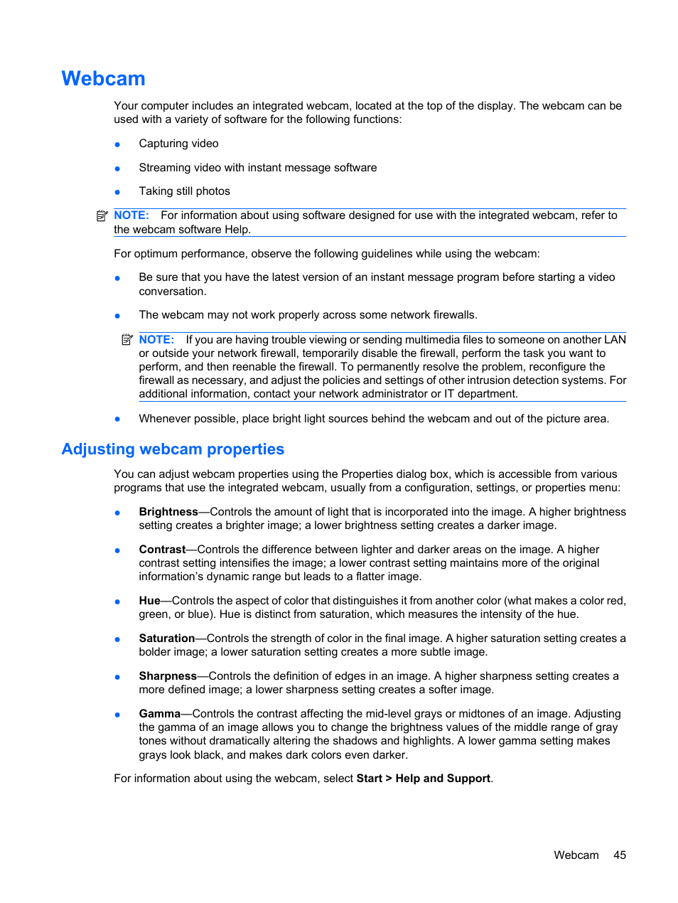 Webcam, Adjusting webcam properties | HP ProBook 5320m Notebook PC User Manual | Page 55 / 140